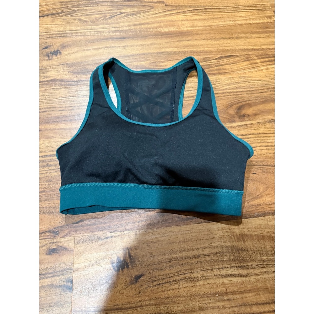 Athleisure Womens POP Fit Strappy Mesh Sports Bra Medium Black Teal